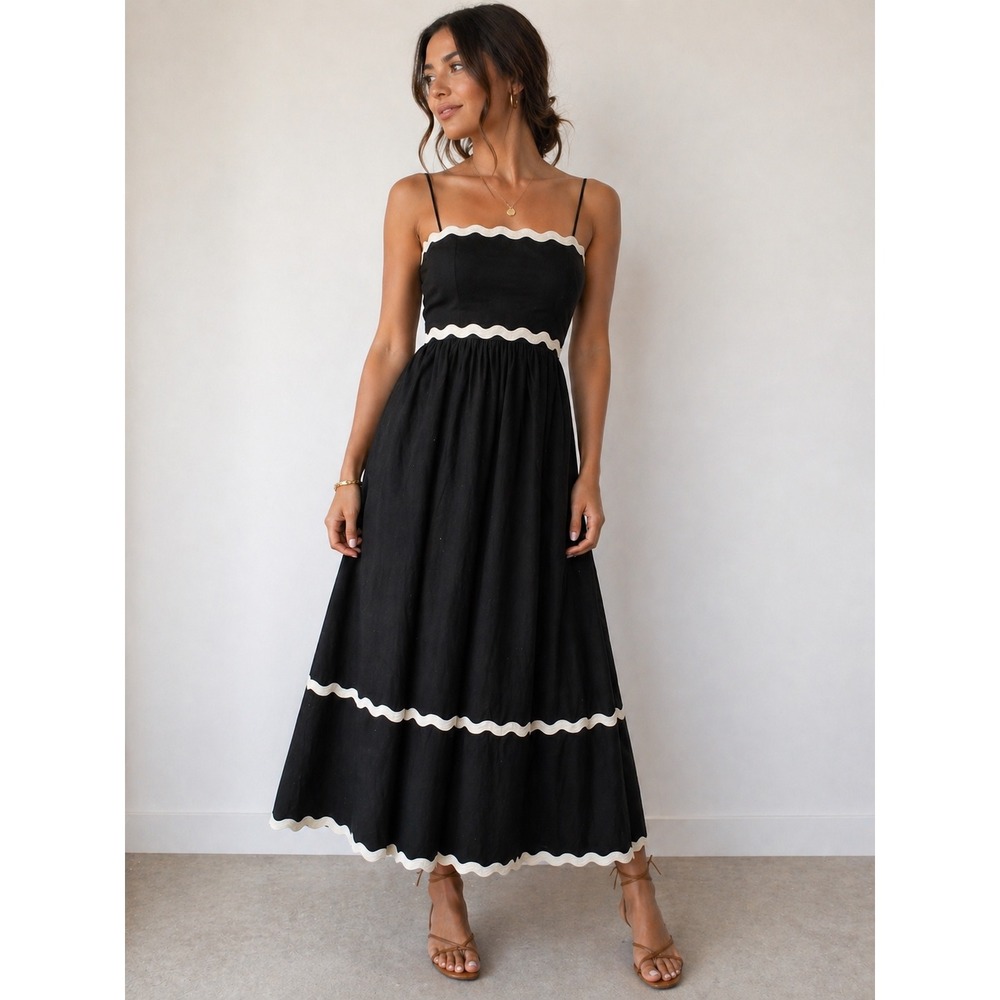 Sim & Sam Black Linen Blend Ric Rac Trim Maxi Dress XL NWT Small Flaw